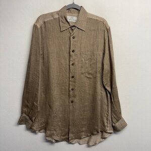 AT Anthony Tarassi 100% Linen Brown  Tan Button Down Shirt Woven Back Detail
